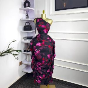European and American cross-border women's clothing 2025 summer new sleeveless shoulder oblique collar print tie ruffle bodycon dress – Image 4