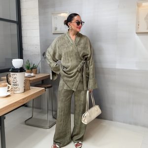European and American cross-border  women's new casual style lace-up loose long-sleeved trouser suit – Image 4
