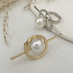 European and American cross-border baroque shaped imitation pearl ring set fashion ins style metal pleated flower ring woman – Image 7