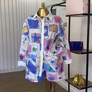 European and American cross-border women's clothing 2025 summer new fashion print cut-out lapels long-sleeved shirt shorts casual suit – Image 4