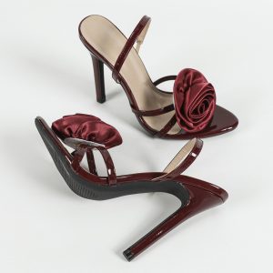 Cross-border European and American women's three-dimensional flower cross strap back ankle strap round toe stiletto sandals rose red heels – Image 3