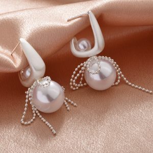 Two-wearing brushed pearl bow lace tassel stud earrings earrings sweet temperament design sense earrings ear accessories – Image 4