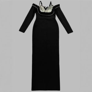 New European and American Bandage Dress, Long Sleeve, V-Neck, Off-the-Shoulder, Suspender Long Skirt, – Image 4