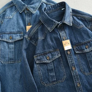 American Heavy Heavy Cargo Denim Shirt Male Ami Clicker Motorcycle Loose Plus Size Long Sleeve Shirt Jacket Autumn – Image 3