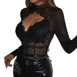 Foreign trade European and American style lace stitching mesh underwire cutout see-through sexy long-sleeved one-piece A1264 – Image 3