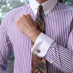 Spring Summer Italian Neapolitan Collar Pin Slim Fit Wedding Master of Ceremonies Long Sleeve Striped Men's Shirt French Sleeve Links Shirt – Image 5