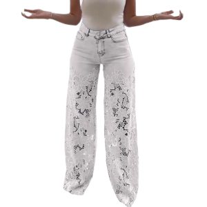 High-waisted wide-leg pants women's spring/summer fashion temperament versatile hollow lace paneled denim drape pants – Image 5