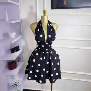 European and American cross-border women's clothing 2025 summer new polka dot sleeveless V-neck tie backless waist cropped dress – Image 4