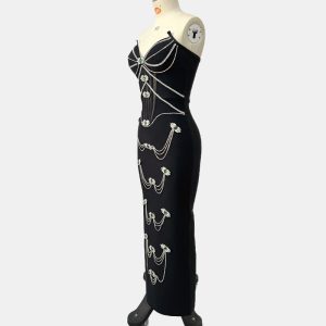 Cross border black bandeau off-the-shoulder rhinestone chain tight sexy celebrity bandage maxi dress dress – Image 4