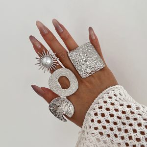 European and American cross-border exaggerated irregular metal percussion pattern open ring women's ins geometric ring imitation pearl ring – Image 3