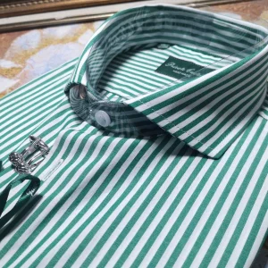 Cotton Windsor Straight Neck French Cufflinks Retro Light Luxury President Green Stripe Men's Long Sleeve Slim Shirt Shirt – Image 4