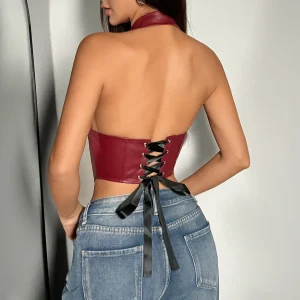 Cross-border new women's European and American hot sexy PU leather halterneck breasted waist diamond design top A1592 – Image 4