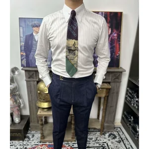 Italian Light Luxury Cotton %100 High Count Empire Collar Pin Versatile Pinstrip Men's Slim Long Sleeve French Cufflink Shirt – Image 3