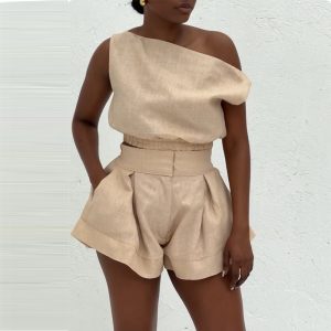 European and American women's clothing 2025 summer new sweet and fresh one-neck off-the-shoulder shirt high-waisted wide-leg shorts two-piece set – Image 3