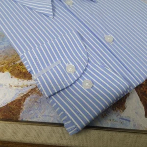 Genuine Cotton Italian Light Blue Striped Long Peak Collar Concealed Button Men's Slim Long Sleeve Shirt Gentleman's Wear – Image 4