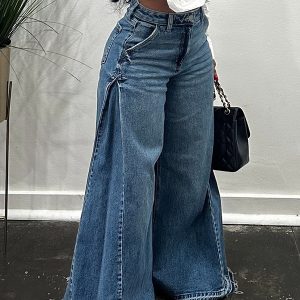 Cross-border  new spring retro European and American style wide-leg jeans spliced floor length bell pants tassels – Image 4