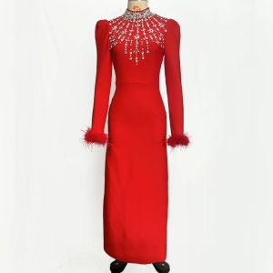 Cross border black red long sleeve feather diamond fashion celebrity bandage long skirt dress dress elegant evening dress – Image 4