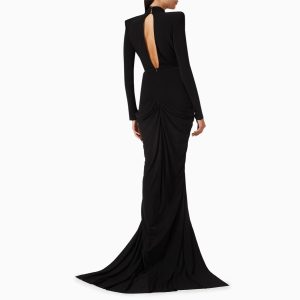 Independent station cross-border beaded decoration sexy low-cut hip black long dress European and American fashion dinner dress – Image 4