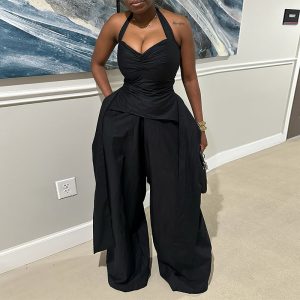 European and American cross-border women's clothing 2025 summer sexy halterneck V-neck irregular sleeveless high-waisted streamer jumpsuits – Image 3