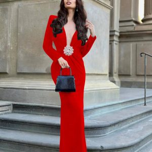 cross-border new foreign trade Amazon independent station explosive elegant long-sleeved deep V diamond buckle long skirt party dress – Image 3