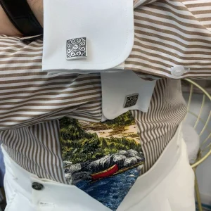 Neapolitan style pointed collar needle empire collar contrast collar champagne stripe men's slim long sleeve French cufflink shirt – Image 3