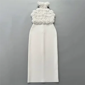 French temperament halterneck three-dimensional flower bandage dress women's niche slim sexy backless party evening dress skirt – Image 9