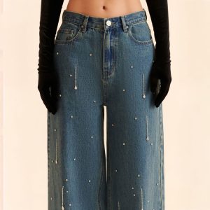 American cross-border small design high-quality rhinestone tassel embellished jeans – Image 3