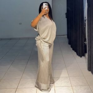 European and American cross-border women's clothing 2025 summer new casual loose V-neck striped short-sleeved top wide-leg trouser suit – Image 4