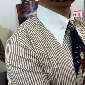 Neapolitan style pointed collar needle empire collar contrast collar champagne stripe men's slim long sleeve French cufflink shirt – Image 4