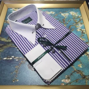 Clearance Special%100 Cotton Peak Lapel Needle Imperial Collar Purple Blue Bar Men's Slim Long Sleeve French Button Shirt – Image 4