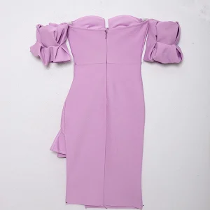Sexy bubble short sleeve bandage skirt celebrity temperament niche French bandeau one-shoulder slim slit dress women – Image 4