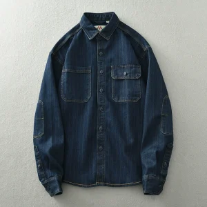 Heavy Japanese retro washed vertical stripe cargo denim shirt men's loose plus size cotton long-sleeved shirt jacket – Image 5