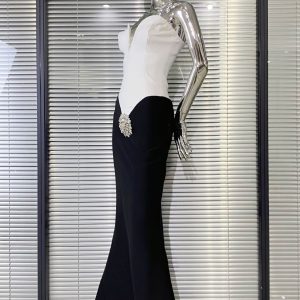 European and American cross-border luxury diamond flower black and white color-blocked hip bandeau dress elegant fashion party bandage dress – Image 5