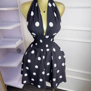 European and American cross-border women's clothing 2025 summer new polka dot sleeveless V-neck tie backless waist cropped dress – Image 3