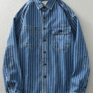 Heavy Japanese retro washed vertical stripe cargo denim shirt men's loose plus size cotton long-sleeved shirt jacket – Image 4