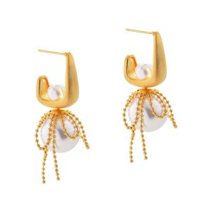 Two-wearing brushed pearl bow lace tassel stud earrings earrings sweet temperament design sense earrings ear accessories – Image 5