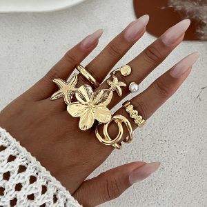 European and American cross-border ocean resort wind conch scallop shell ring set ins wind metal flower open ring girl – Image 4