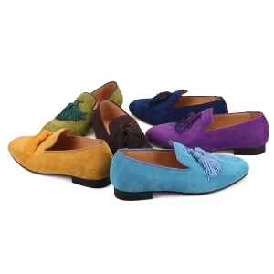 Export European and American multi-color cow suede loafers, men's handmade with upper color tassels, casual men's slip-on shoes – Image 6