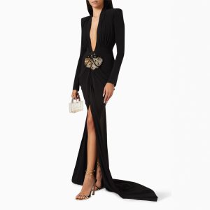 Independent station cross-border beaded decoration sexy low-cut hip black long dress European and American fashion dinner dress – Image 5