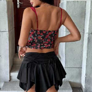 Summer French INS Sweet and Spicy Wind Rose Print Lace Stitching Underwire Fishbone Tie Rope Slim Small Suspenders 70144 – Image 5