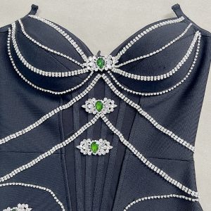 Cross border black bandeau off-the-shoulder rhinestone chain tight sexy celebrity bandage maxi dress dress – Image 7