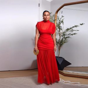 Cross-border dresses spring summer 2025 women's clothing AliExpress explosive temperament half-neck mesh spliced long skirt – Image 3
