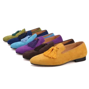 Export European and American multi-color cow suede loafers, men's handmade with upper color tassels, casual men's slip-on shoes – Image 5