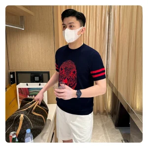 Summer casual black and white color block short sleeve t-shirt men's 2025 new fashion retro tiger head pattern knitted short sleeve men – Image 4