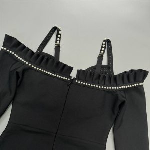 New European and American Bandage Dress, Long Sleeve, V-Neck, Off-the-Shoulder, Suspender Long Skirt, – Image 6