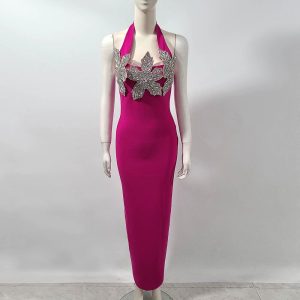 European and American heavy industry high-end halterneck dress skirt women's summer new diamond temperament waist and hip slim dress – Image 5