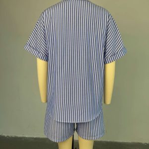 Blue and white striped loose shirt high waist wide leg shorts suit – Image 4
