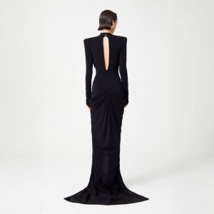 Independent station cross-border beaded decoration sexy low-cut hip black long dress European and American fashion dinner dress – Image 3