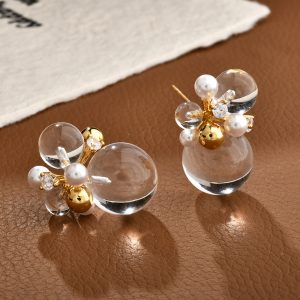 Korean temperament elegant transparent crystal ball stud earrings inlaid with zirconium unique personality Internet celebrity earrings fashion commuter earrings – Image 3