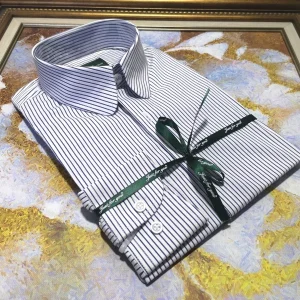Clearance Khmer micro elastic fillet collar concealed button Italian stripe men's slim long sleeve shirt shirt wedding officiant – Image 3
